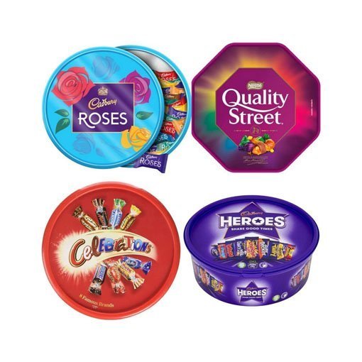 Christmas Chocolate Tubs – 5 Pack – Roses. Heroes. Quality Street. Celebrations and 1 Terry's Orange Chocolates + Topline Card