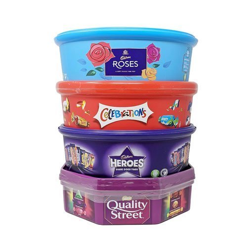 Christmas Chocolate Tubs – 5 Pack – Roses. Heroes. Quality Street. Celebrations and 1 Terry's Orange Chocolates + Topline Card