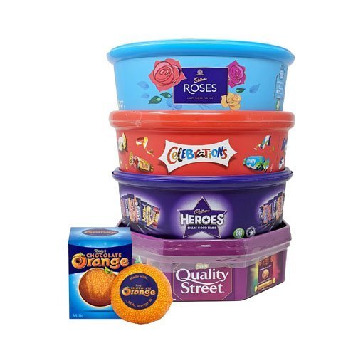 Christmas Chocolate Tubs – 5 Pack – Roses. Heroes. Quality Street. Celebrations and 1 Terry's Orange Chocolates + Topline Card