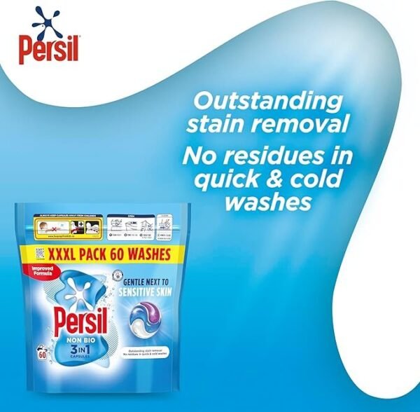 Persil Non Bio 3 in 1 Washing Capsules laundry capsules gentle next to sensitive skin for outstanding stain removal in quick & cold washes 60 washes